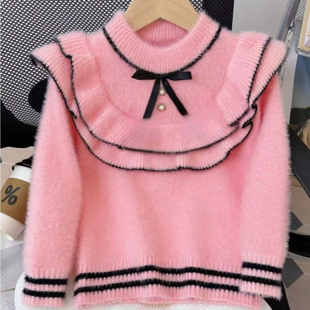 SHEIN Pink Ruffle Sweater with Black Trim